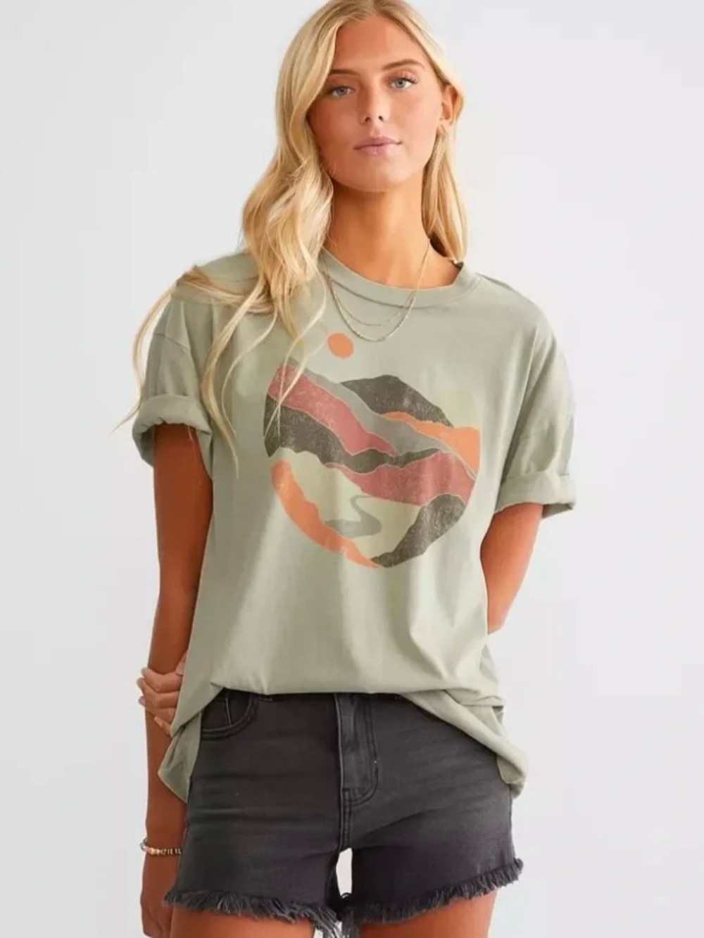 Modish Rebel Distressed Mountain Sunset Graphic Tee Shirt